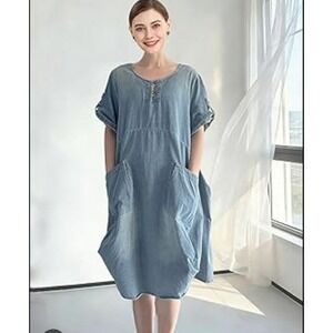 Minibee Womens 3XL Blue Cotton Linen Short Sleeve Oversized Pockets Tunic Dress